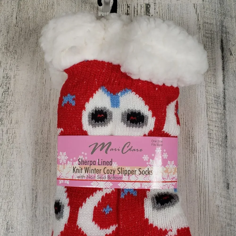 NWT Mari Clare Sherpa Lined Knit Winter Owl Moon Star No-Slip Slipper Socks